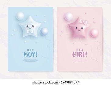 Set of baby shower invitation with helium balloons on blue and pink background. It's a boy. It's a girl. Vector illustration - Shutterstock ID 1949894377