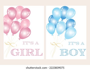 Set of baby shower invitation with helium blue and pink balloons It's a boy. It's a girl. Vector illustration