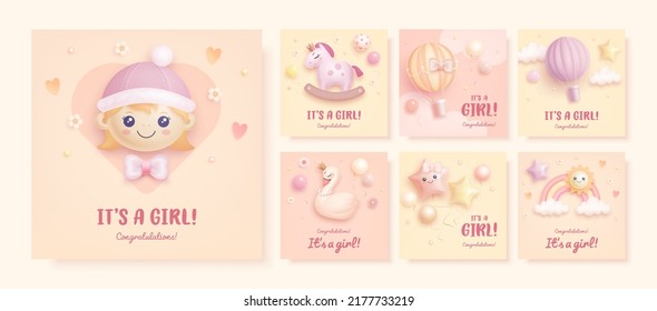 Set of baby shower invitation square card design template with cartoon swan, horse, baby girl, rainbow and hot air balloon. It's a girl. Vector illustration