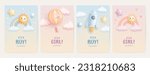 Set of baby shower invitation template with cartoon rocket, hot air balloon and rainbow on colorful background. Its a girl, its a boy. Vector illustration