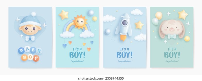 Set Babydusche Einladung Vorlage mit Cartoon Baby Boy, Rakete, Regenbogen, Sonne, Hase und Helium Ballons. Das ist ein Junge. Vektorgrafik