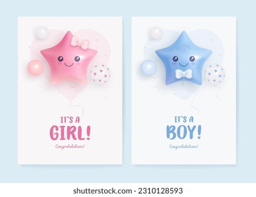 Set of baby shower invitation template with cartoon helium balloons on light background. Its a girl, its a boy. Vector illustration