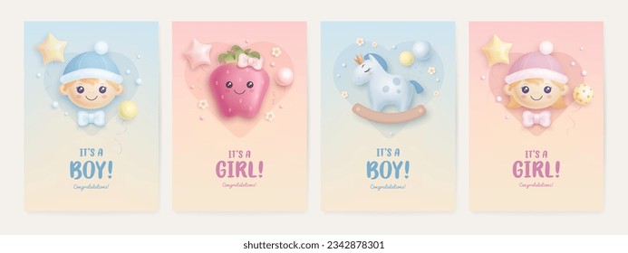 Set of baby shower invitation template with baby boy, baby girl, rocking horse, strawberry on colorful background. Its a girl, its a boy. Vector illustration