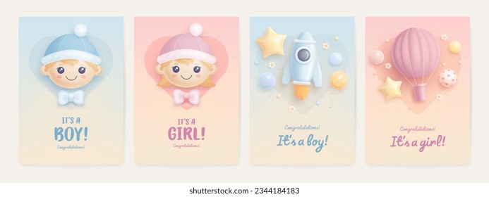 Set of baby shower invitation template with baby boy, baby girl, rocket, hot air balloon on colorful background. Its a girl, its a boy. Vector illustration