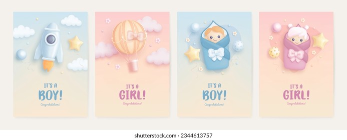 Set of baby shower invitation template with baby boy, baby girl, rocket, hot air balloon on colorful background. Its a girl, its a boy. Vector illustration