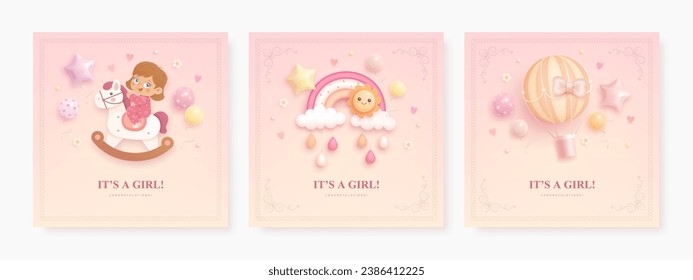 Set of baby shower invitation template with baby girl, rocking horse, rainbow and hot air balloon. Square card or web banner collection. Its a girl. Vector illustration