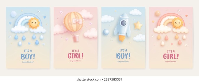 Set of baby shower invitation template with cartoon rocket, hot air balloon and rainbow on colorful background. Its a girl, its a boy. Vector illustration