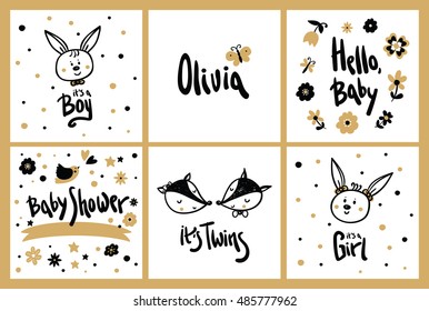 Set of Baby Shower Invitation Template with hand lettering, cute animals, flower and other design elements. Gold and black colors