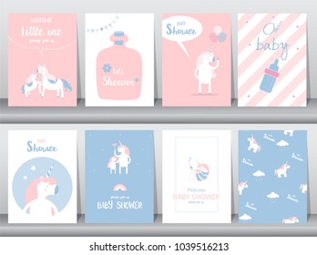 Set of baby shower invitations cards, poster, greeting, template, animals,unicorn,fantasy,birthday,happy,magic, Vector illustrations 
