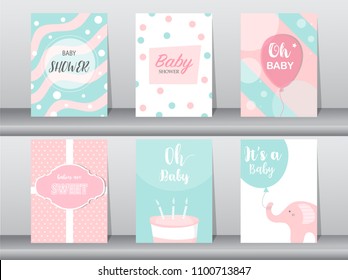 Set of baby shower invitations cards, poster, greeting, template,elephant, birthday, cake,cute,balloon,Vector illustrations.
