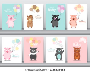 Set of baby shower invitations cards, poster, greeting, template, animals,wild boars,pig,hogs,Vector illustrations 