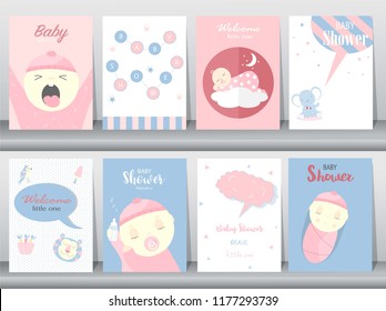 Set of baby shower invitations cards, poster, greeting, template, animals,cute, Vector illustrations 