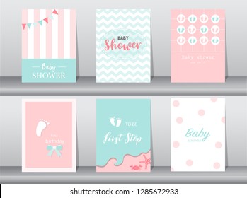 Set of baby shower invitations cards, poster, greeting, template, footprints. Vector illustrations