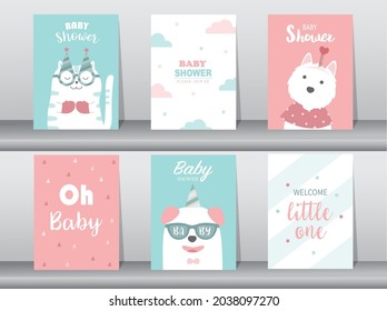 Set of baby shower invitations cards with cute animal,poster,greeting,template,cats,cute,animal,Vector illustrations.