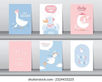 Set of baby shower invitations cards with babies boy and girl,cute design,poster,template,storks,Vector illustrations.