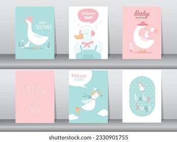 Set of baby shower invitations cards with babies boy and girl,cute design,poster,template,storks,Vector illustrations.