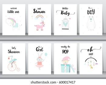 Set of baby shower invitations cards, poster, greeting, template, animals, Vector illustrations 