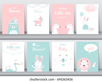 Set of baby shower invitations cards, poster, greeting, template, animals, Vector illustrations 