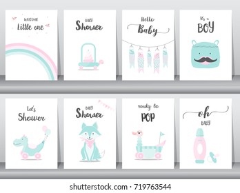 Set of baby shower invitations cards, poster, greeting, template, animals,toys, Vector illustrations 