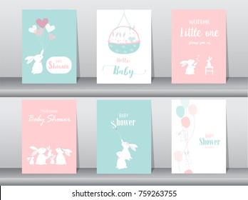 Set Of Baby Shower Invitations Cards, Poster, Greeting, Template, Animals, Rabbit,cute Vector, Vector Illustrations 