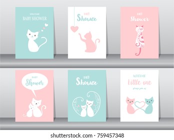 Set of baby shower invitations cards, poster, greeting, template, animals, cat,cute vector,Vector illustrations