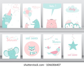 Set of baby shower invitations cards,birthday card,elephants,birds, poster, greeting, template, animals,zoo, Vector illustrations 