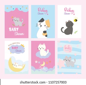 Set of baby shower invitations cards,birthday card,cats, poster, greeting, template, animals, Vector illustrations