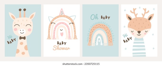 Set of baby shower invitations cards,poster,greeting,template. Vector illustrations