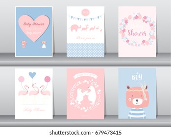 Set of baby shower invitations cards,poster,greeting,template,animal,bear,flamingo,Vector illustrations 