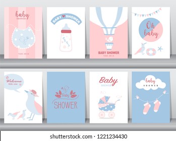 Set of baby shower invitations cards,poster,greeting,template,animal,cute,bird,baby apron,Vector illustrations