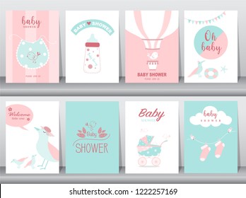 Set of baby shower invitations cards,poster,greeting,template,animal,cute,bird,baby apron,Vector illustrations