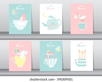 Set of baby shower invitations cards,poster,greeting,template,animals,Vector illustrations