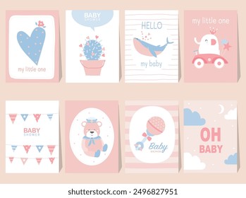 Set of baby shower invitations cards,poster,greeting,template,bear,Vector illustrations.