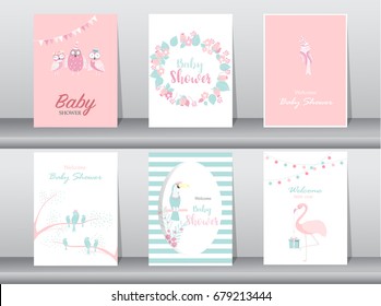 Set of baby shower invitations cards,poster,greeting,template,bird,owl,flamingo,Vector illustrations