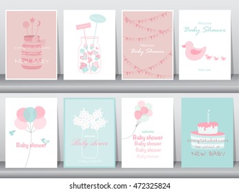 Set Of Baby Shower Invitations Cards,poster,greeting,template,cakes,bottle,balloon,Vector Illustrations