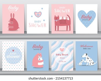 Set of baby shower invitations cards,poster,greeting,template,cute,animal,Vector illustrations.