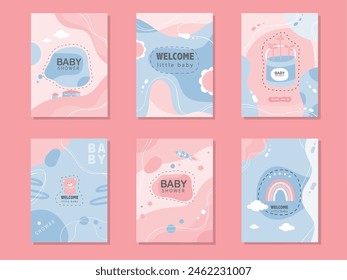 Set von Babydusche Einladungskarten, Poster, Gruß, Vorlage, geometrisch, Vektorillustrationen