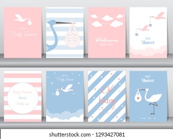 Set of baby shower invitations cards,poster,greeting,template,stork,animal,Vector illustrations
