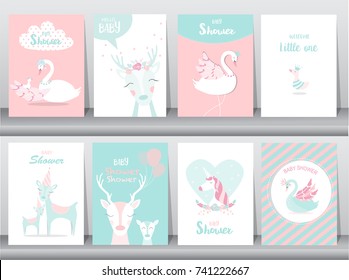 Set of baby shower invitations cards,poster,greeting,template,stork,goose,duck,Vector illustrations