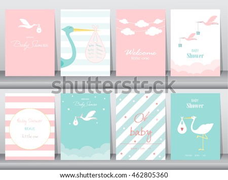 Set of baby shower invitations cards,poster,greeting,template,stork,Vector illustrations