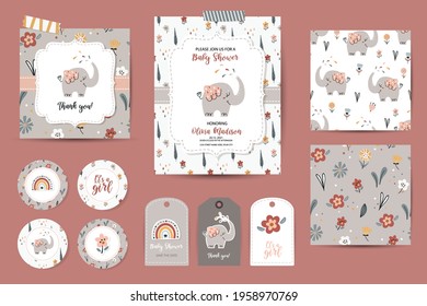 Set of Baby shower invitations, thanks cards, tags and seamless patterns. Templates with cute elephants for girl baby