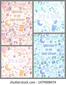 Set of baby shower invitations. Vector illustration for poster, cards or greeting. Hand drawn sketch in a simple cute cartoon style and pastel colors. Baby, kid, newborn design
