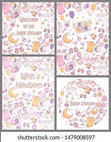 Set of baby shower invitations. Vector illustration for poster, cards or greeting. Hand drawn sketch in a simple cute cartoon style and pastel colors. Baby, kid, newborn design
