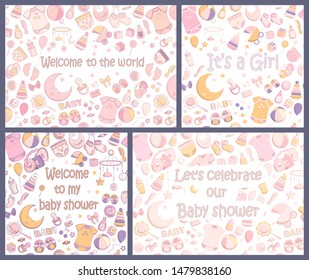 Set of baby shower invitations. Vector illustration for poster, cards or greeting. Hand drawn sketch in a simple cute cartoon style and pastel colors. Baby, kid, newborn design
