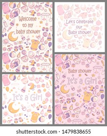 Set of baby shower invitations. Vector illustration for poster, cards or greeting. Hand drawn sketch in a simple cute cartoon style and pastel colors. Baby, kid, newborn design