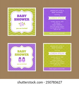 Set of Baby shower invitations. Violet and green colors. Also template for cards, birthday invitations, save the date cards etc.
