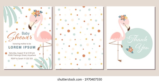 Set of baby shower invite, thank you card, and pattern with cute cartoon flamingo. Baby shower invitation template  set for summer. Vector illustration.