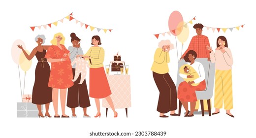 Set of baby shower parties flat style, vector illustration isolated on white background. Decorations, people congratulate pregnant woman and mother with newborn, gifts and cake