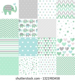 Set of baby shower patterns. Seamless pattern vector. Baby elephant vector set. Graphic design elements