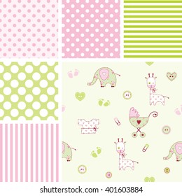 Decoración de ducha para bebés. Vector de patrón sin foco. Diseño actual. Diseño de envoltura de papel. Elementos de diseño gráfico. Decoración moderna rosa y verde. Simple y simple
Ilustraciones.